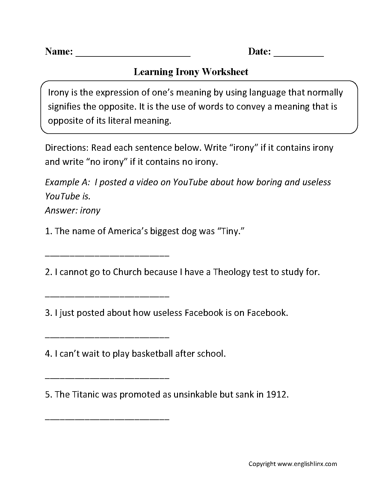 Figurative Language Worksheets Irony Worksheets