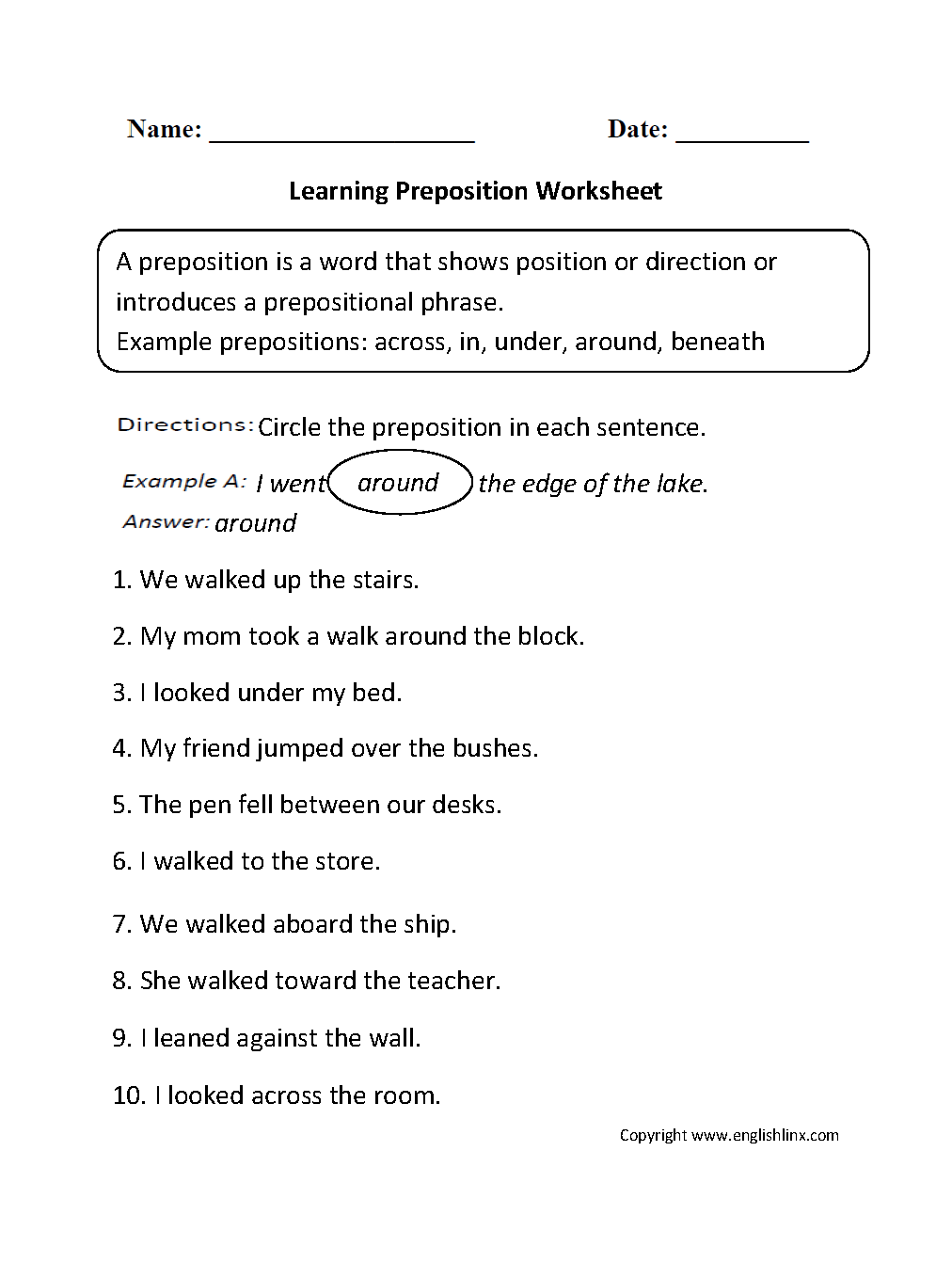 Learning Preposition Worksheet