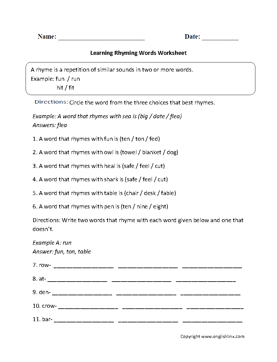 Learning Rhyming Words Worksheet
