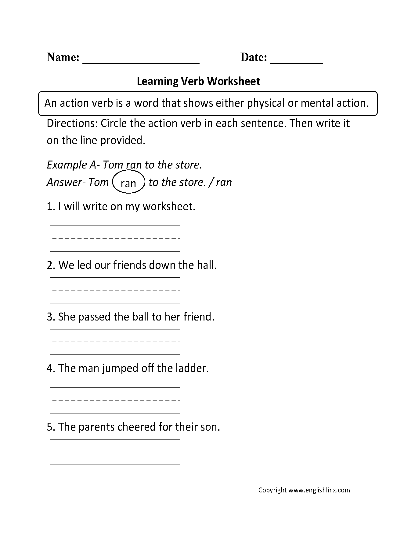 Learning Verb Worksheet