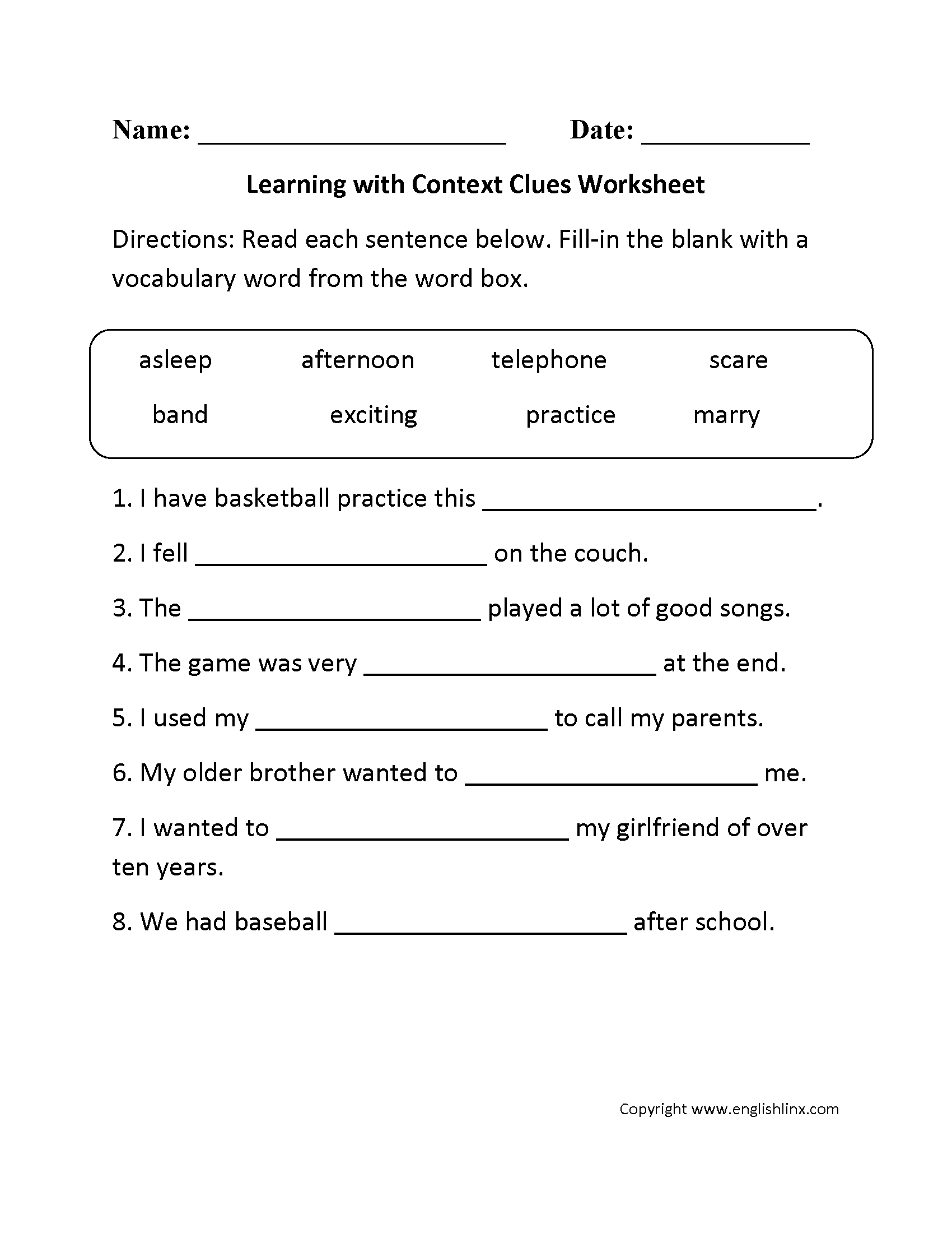 Learning with Context Clues Worksheet