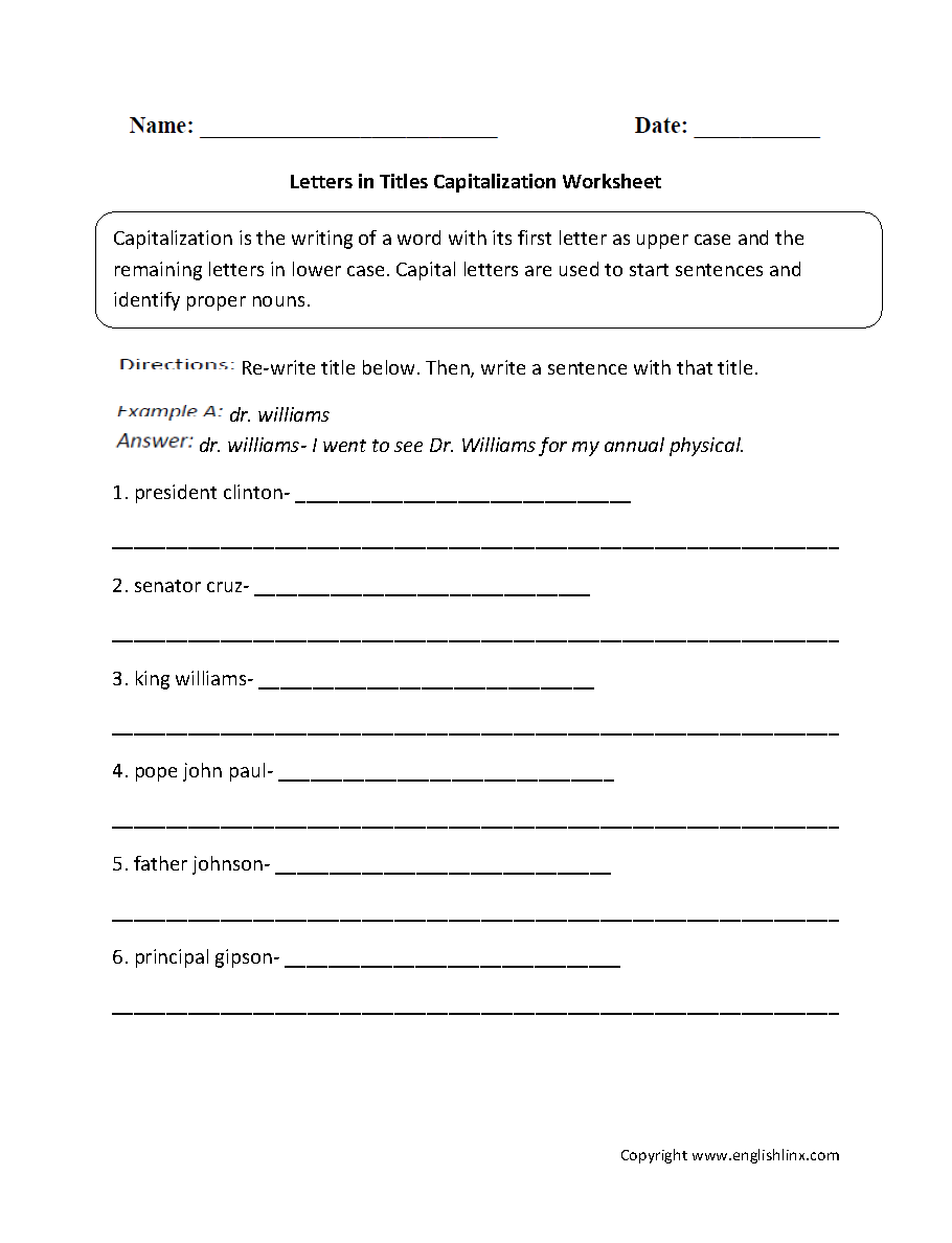 Letters in Titles Capitalization Worksheets