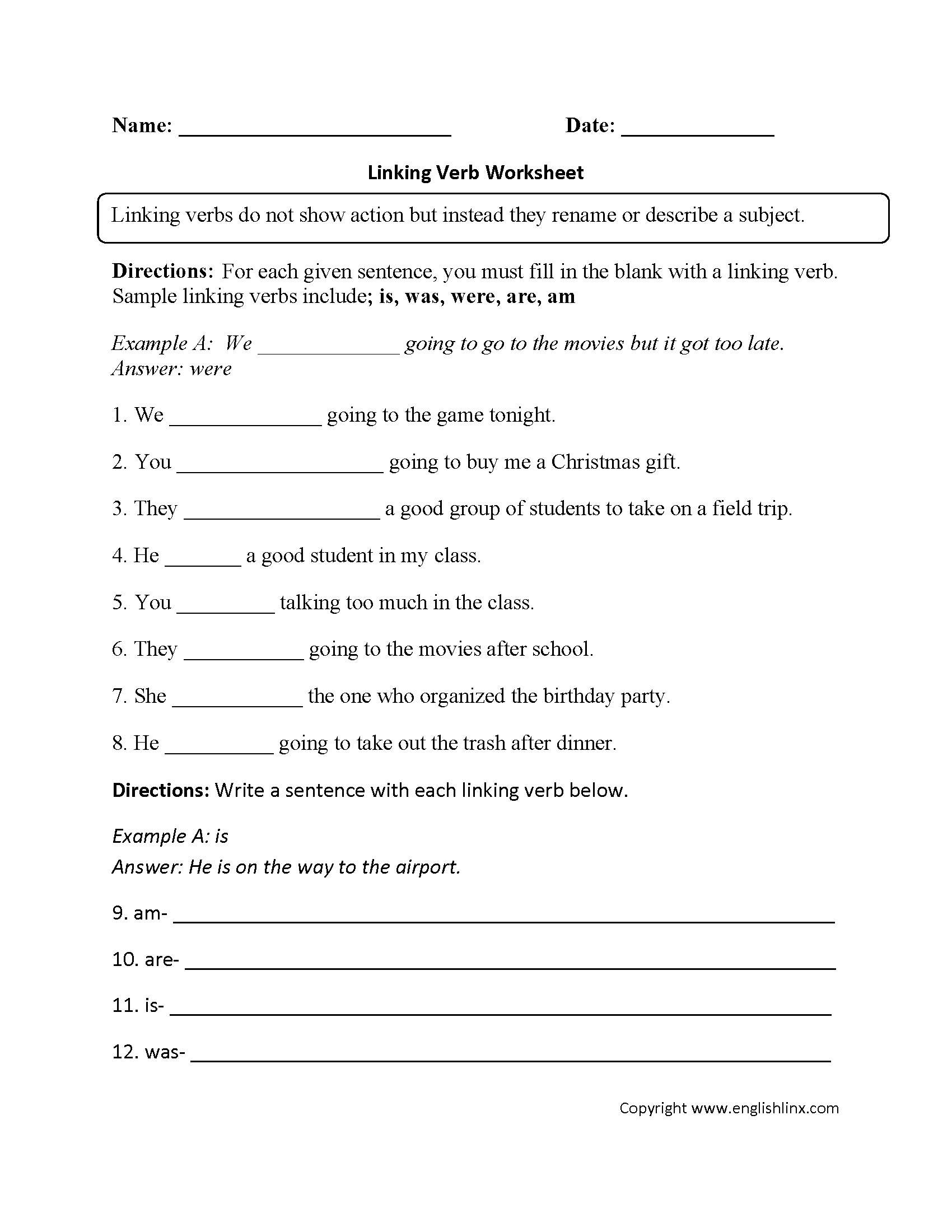 Linking Verb Worksheet