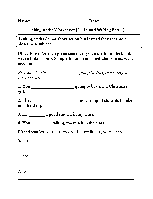 Fill-In and Writing Linking Verbs Worksheet