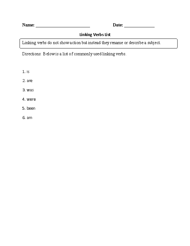 Verbs Worksheets Linking Verbs Worksheets