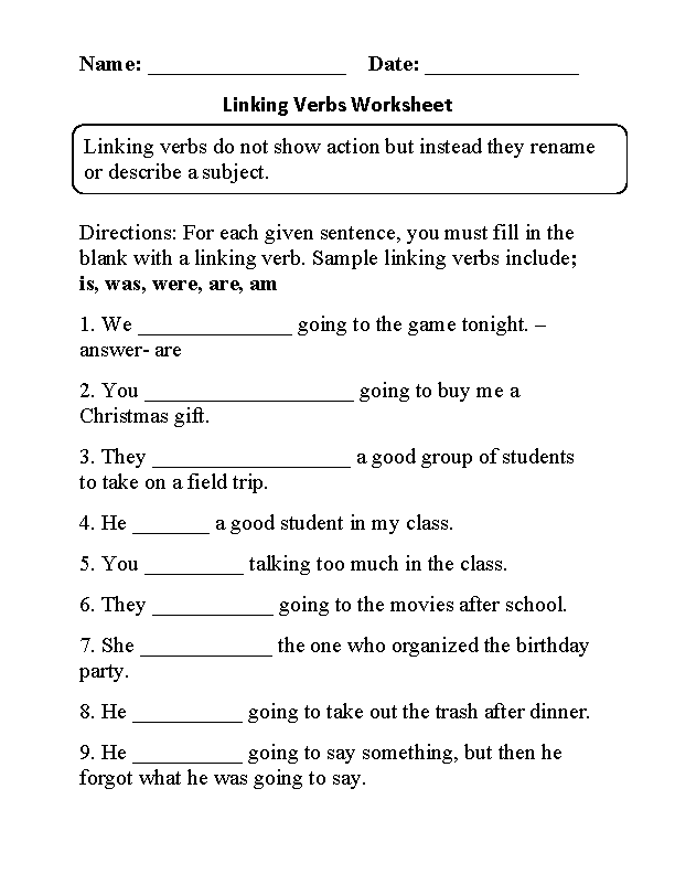 Free Action Linking Verb Worksheets