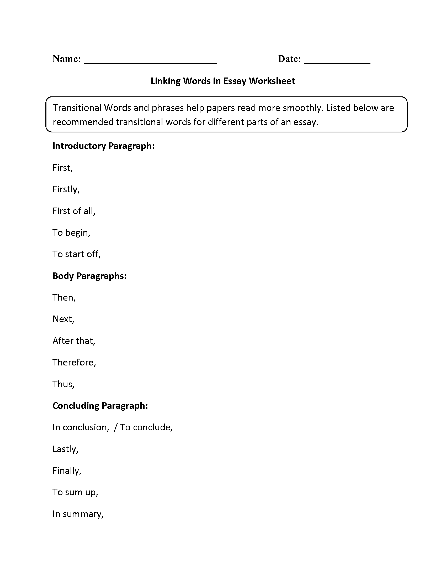 Linking Words in Essays Worksheet