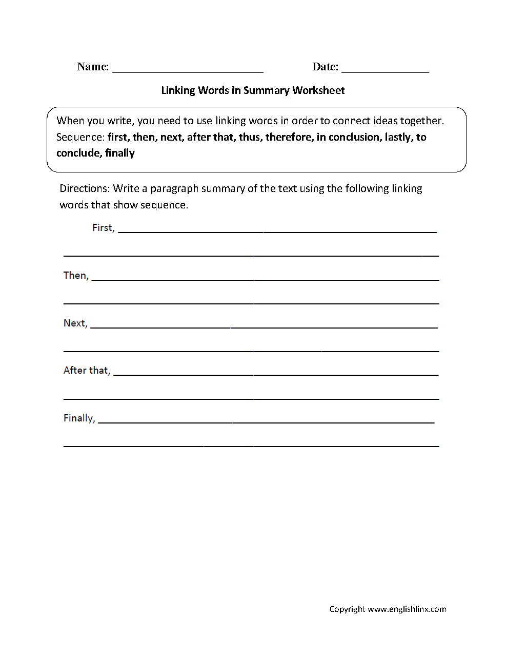 Linking Words in Summary Worksheet