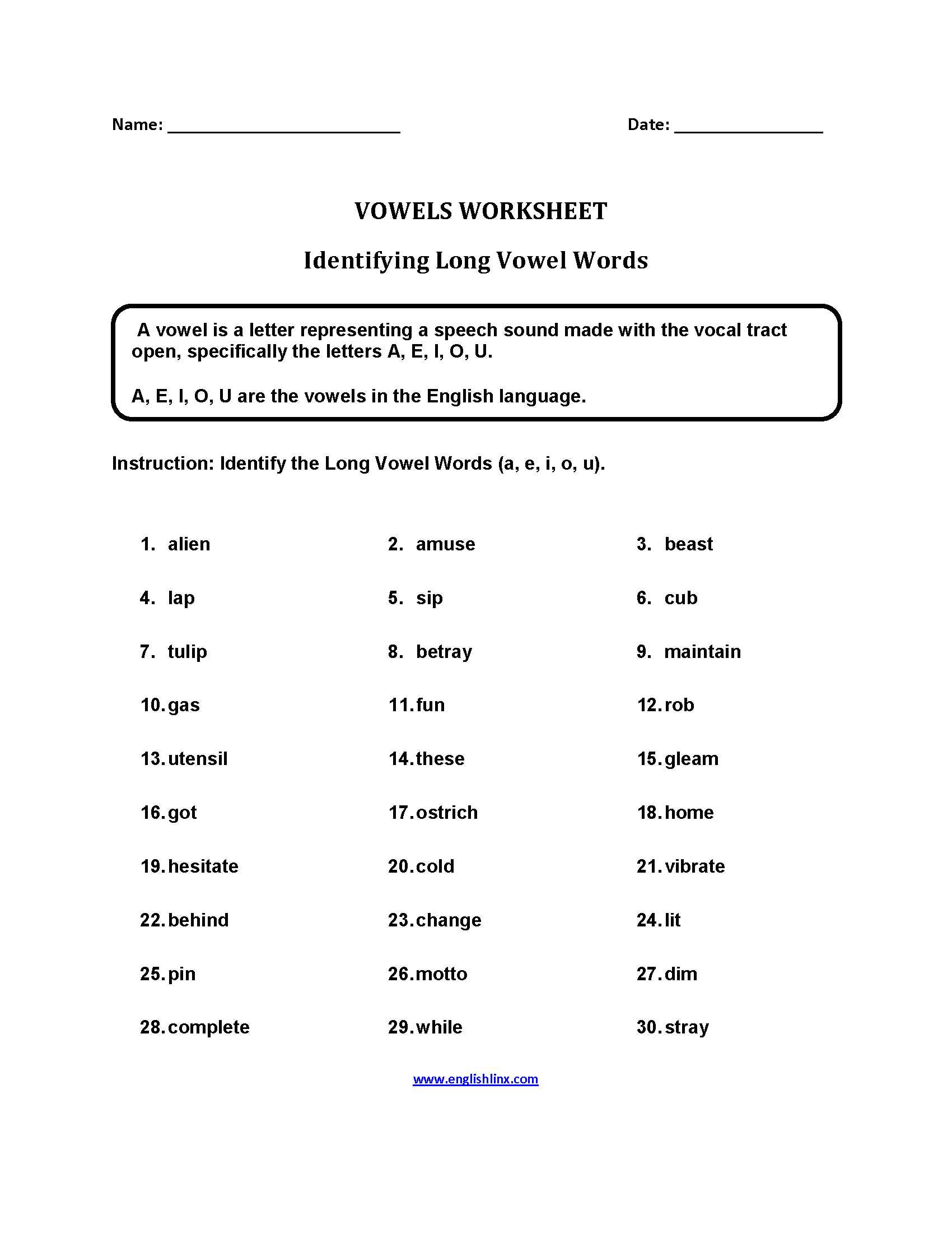 Vowels Worksheets Long Vowel Words Worksheets