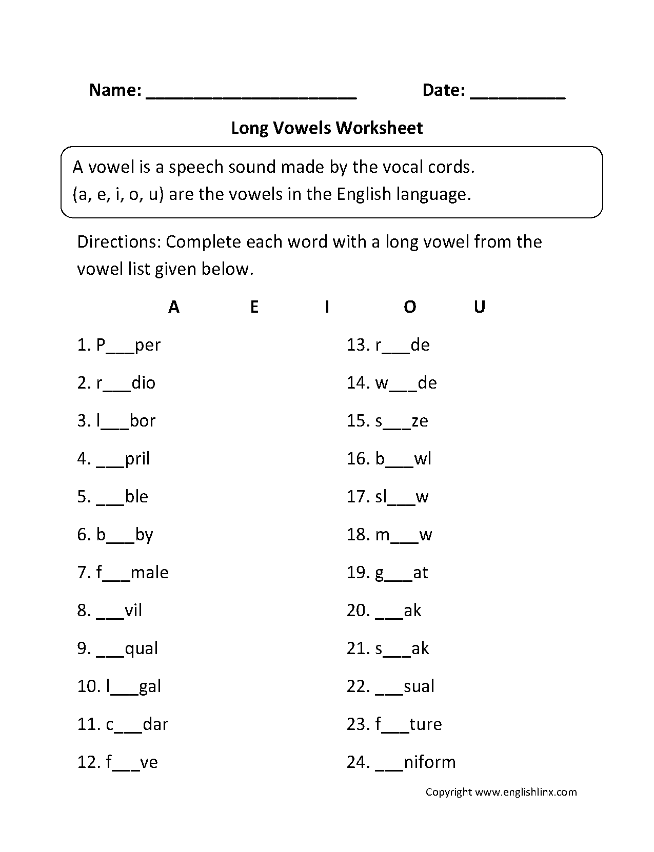 Printable Worksheets Long Vowel Sounds