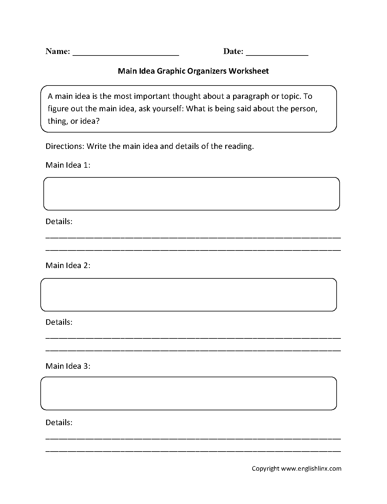Main Idea Graphic Organizers Worksheets