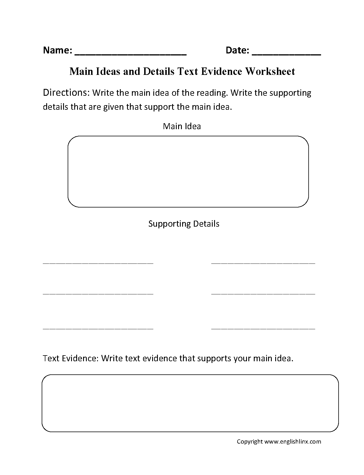 Main Idea Text Evidence Worksheet