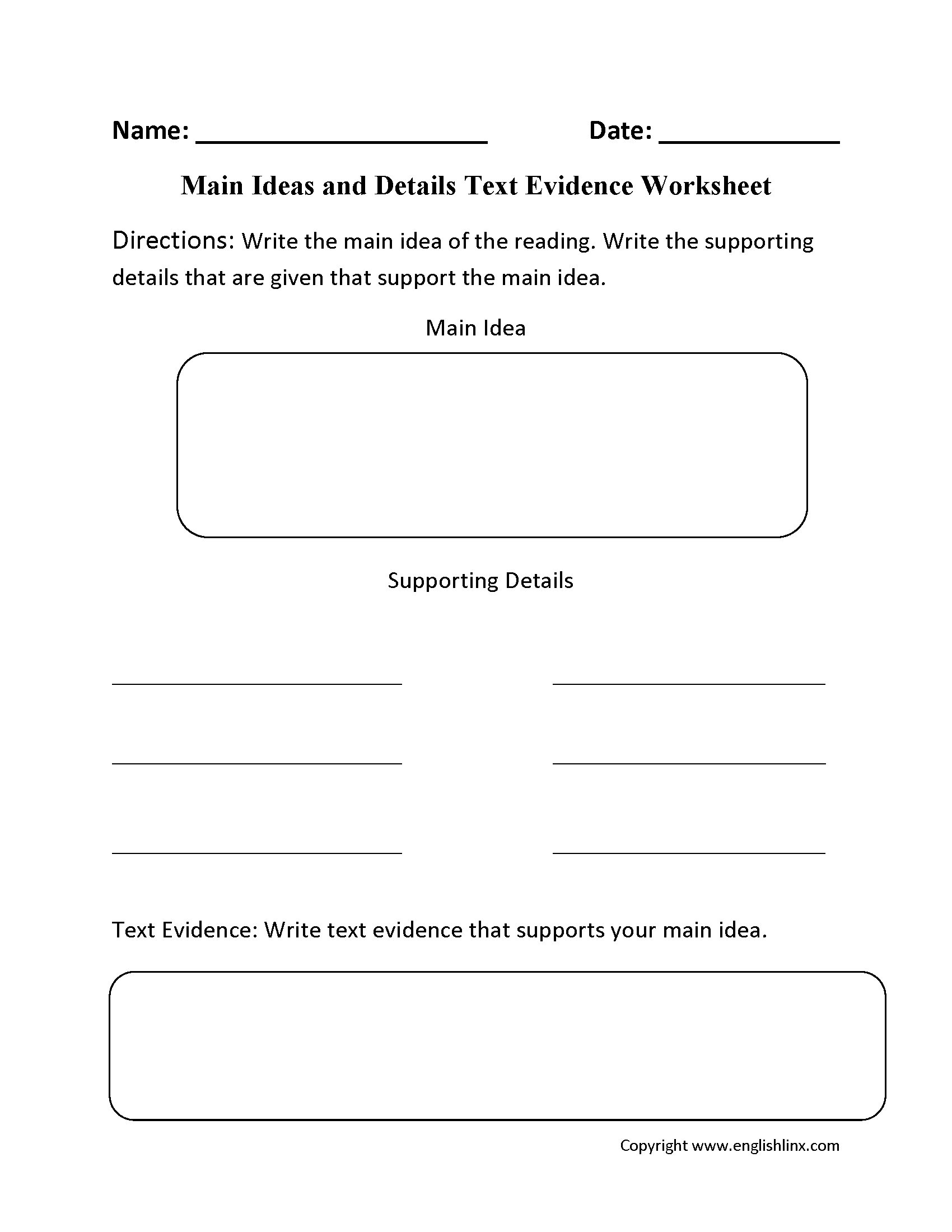 Main Idea Details Text Evidence Worksheets