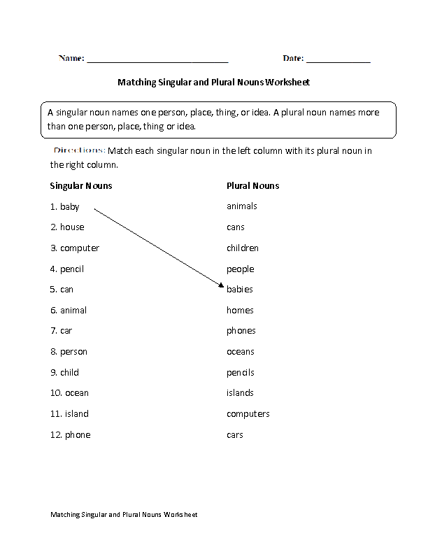 Matching Singular and Plural Nouns Worksheet