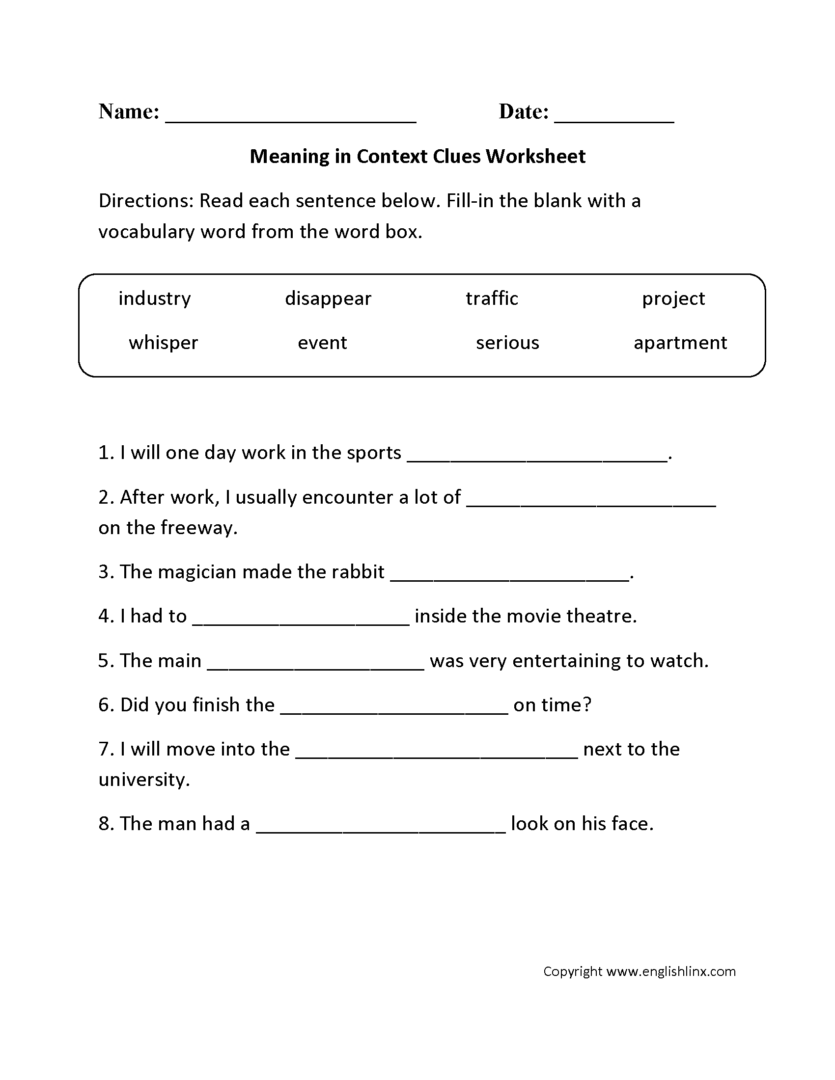 Meaning in Context Clues Worksheet