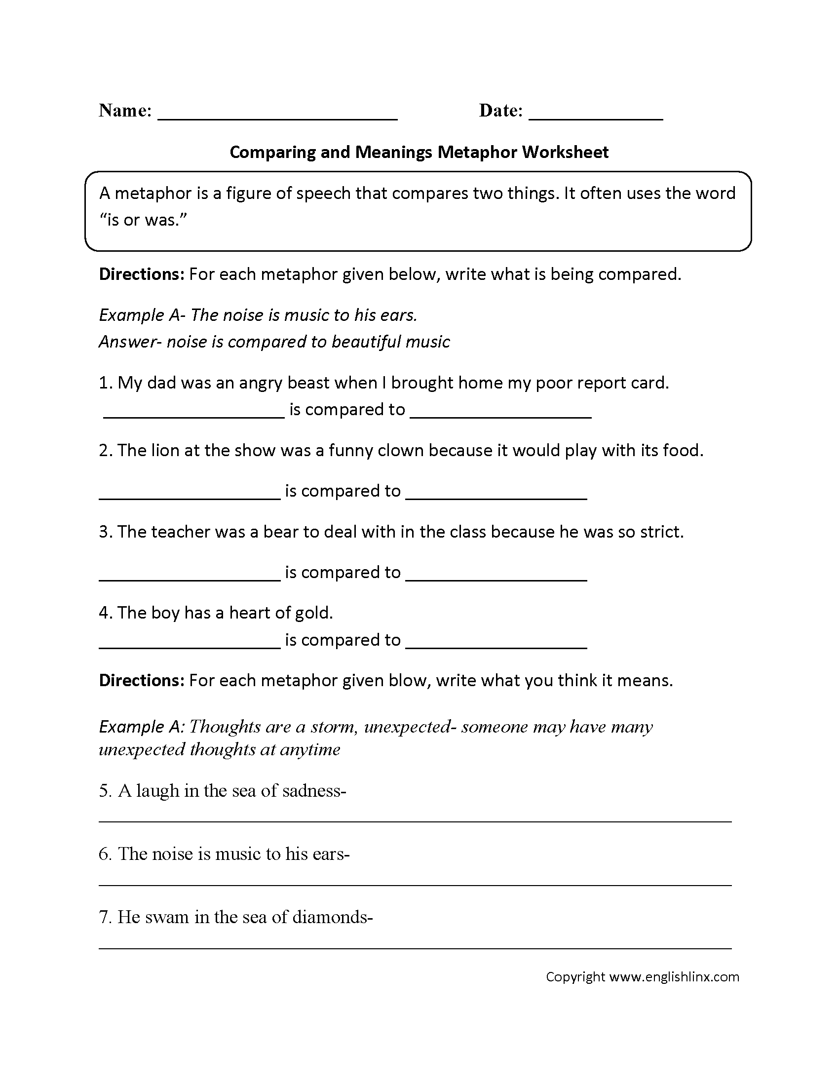 Comparing and Meanings Metaphor Worksheet