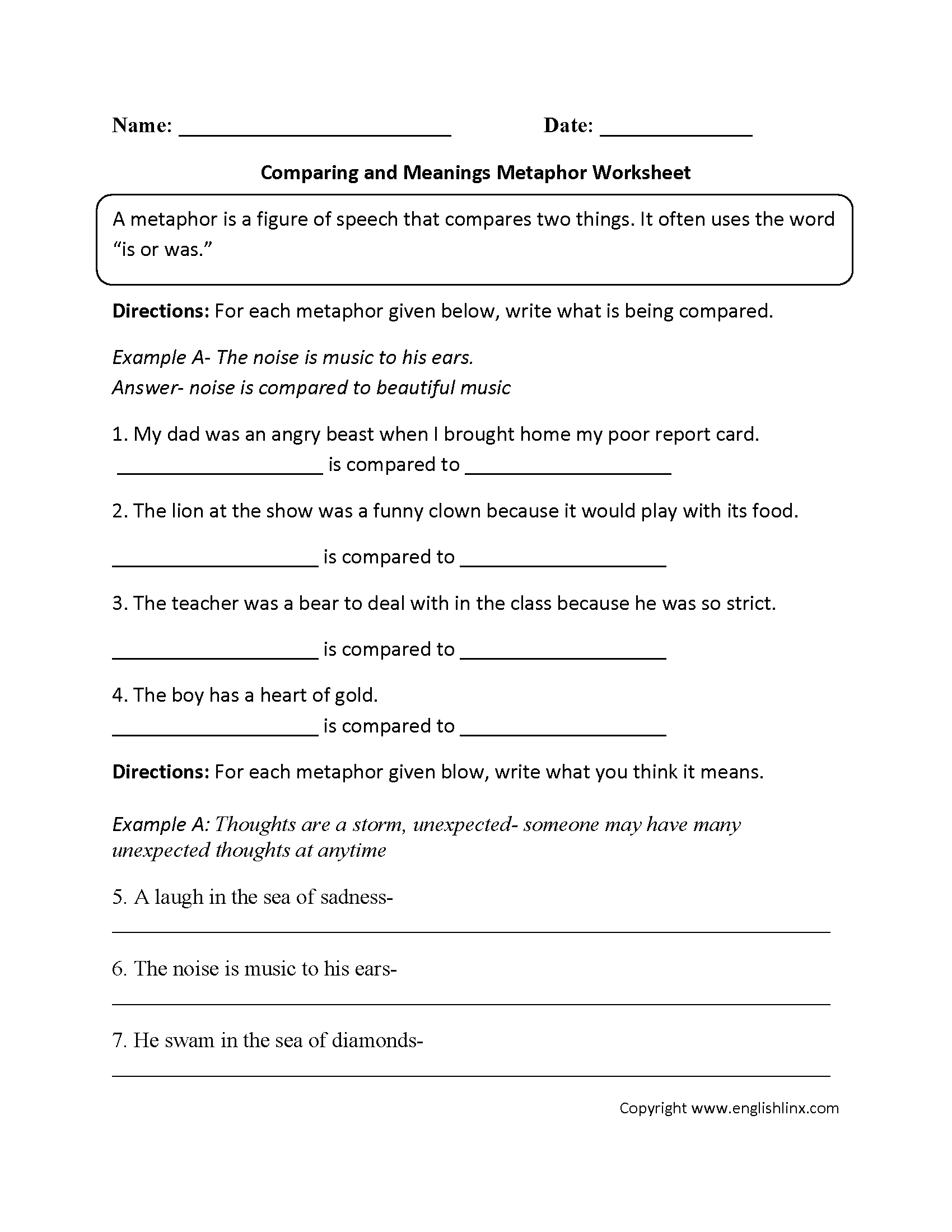 Metaphor Worksheet 3rd Grade Nidecmege