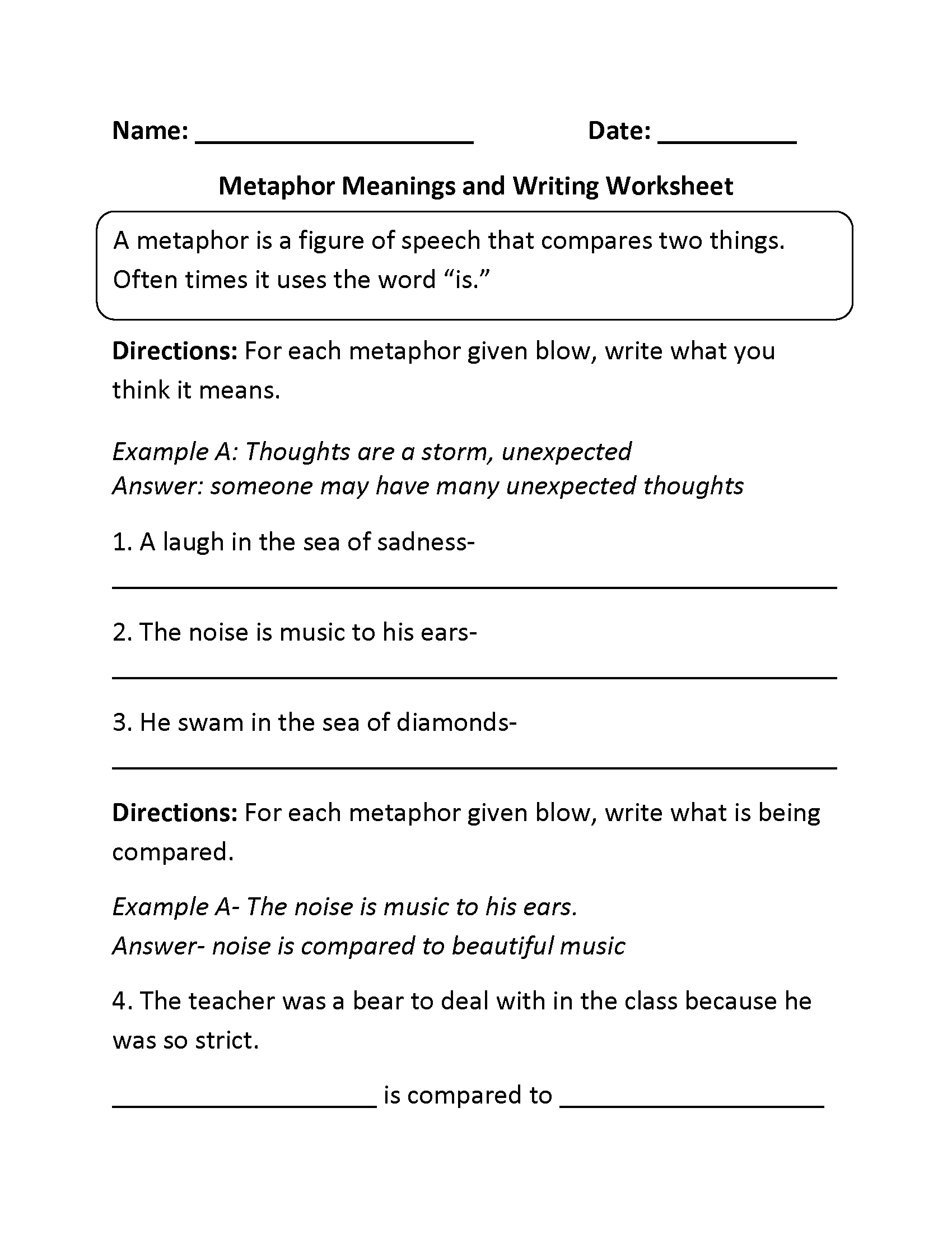 Metaphors Worksheets Comparing and Meanings Metaphors Worksheet