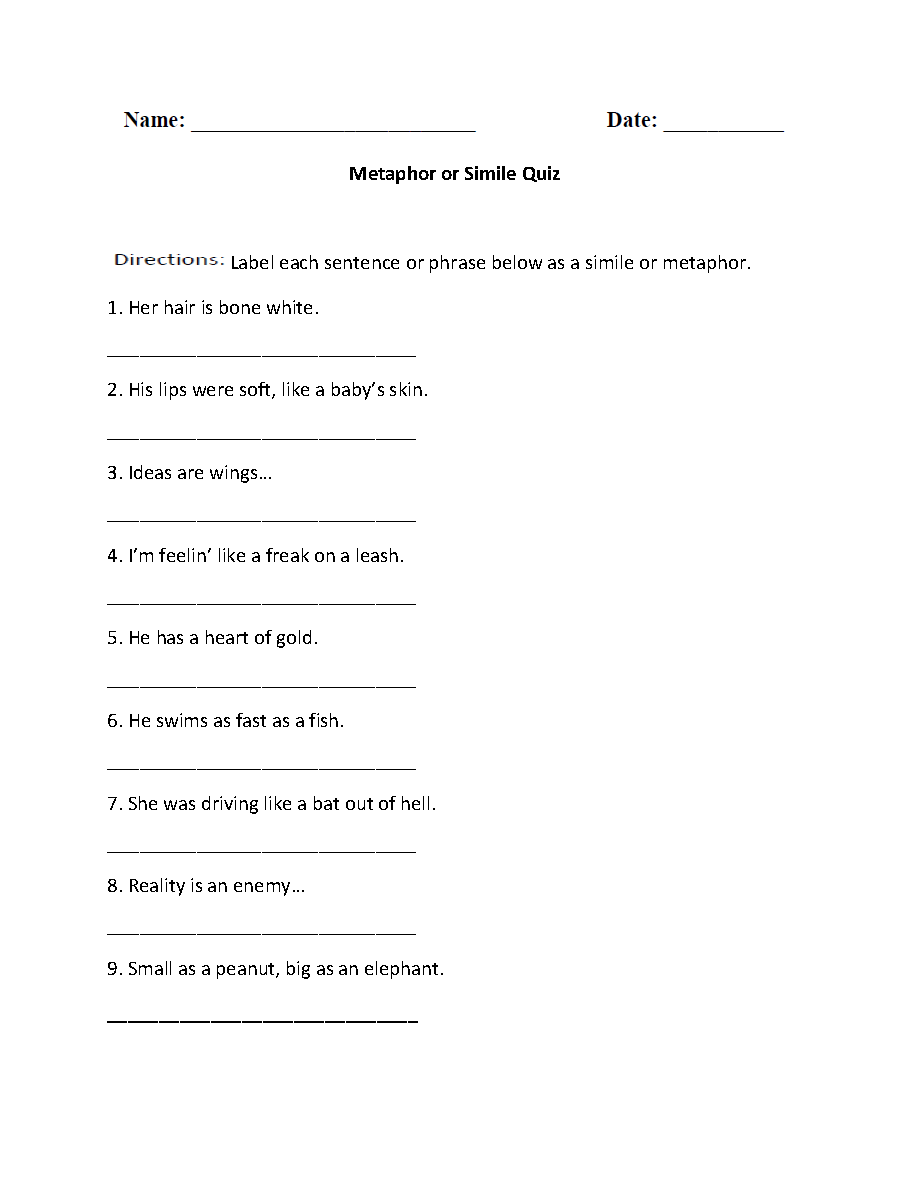 Metaphor or Simile Quiz Worksheet