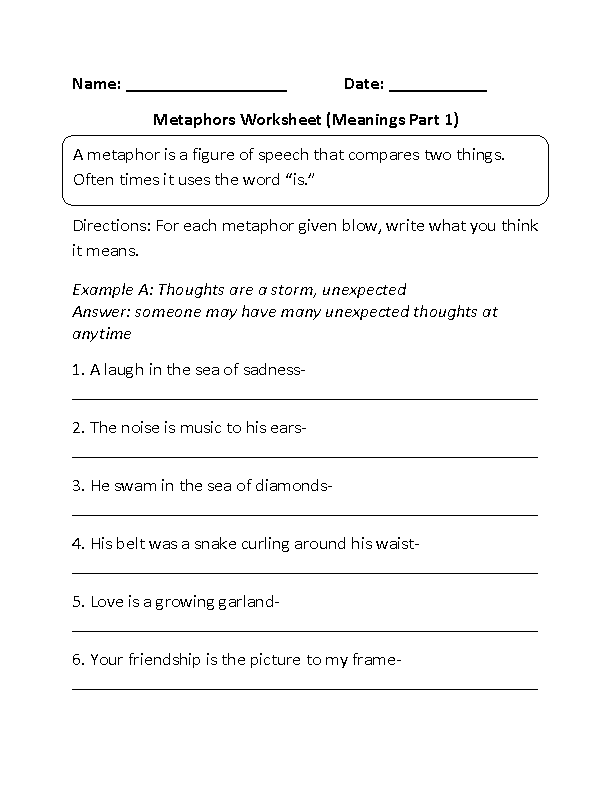 Metaphors Worksheets | Metaphors Meanings Worksheet Part 1