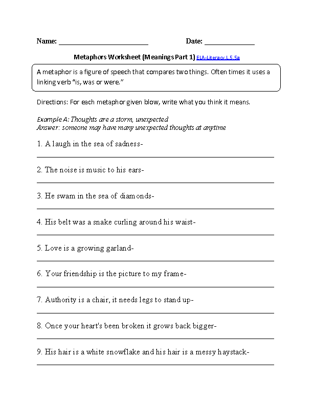 Metaphor Worksheet 1 ELA-Literacy.L.5.5a Language Worksheet