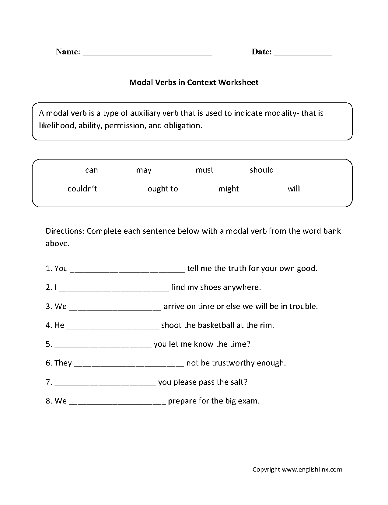 Modal Verbs Worksheet Common Core Sheets