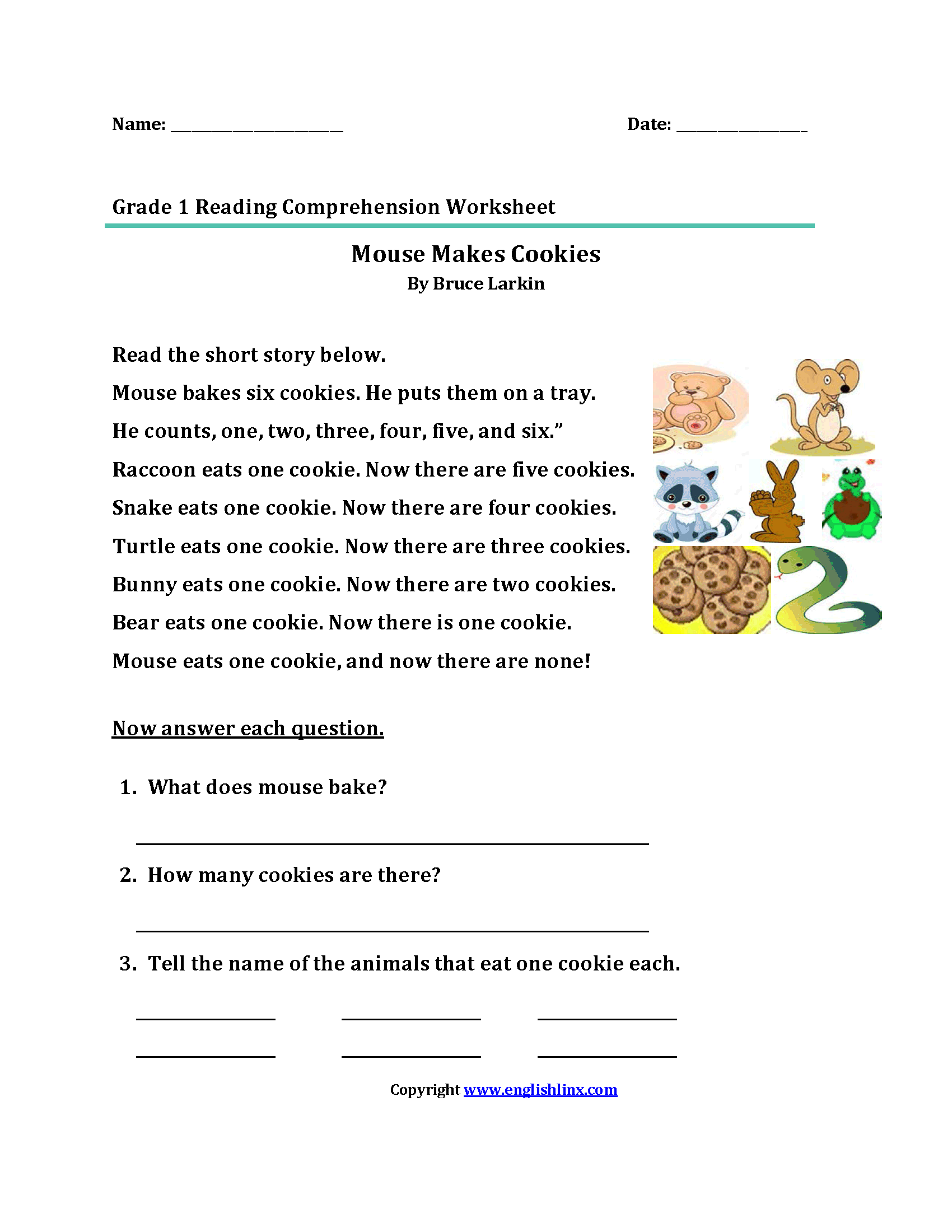 Mouse Cookies First Grade Reading Worksheets
