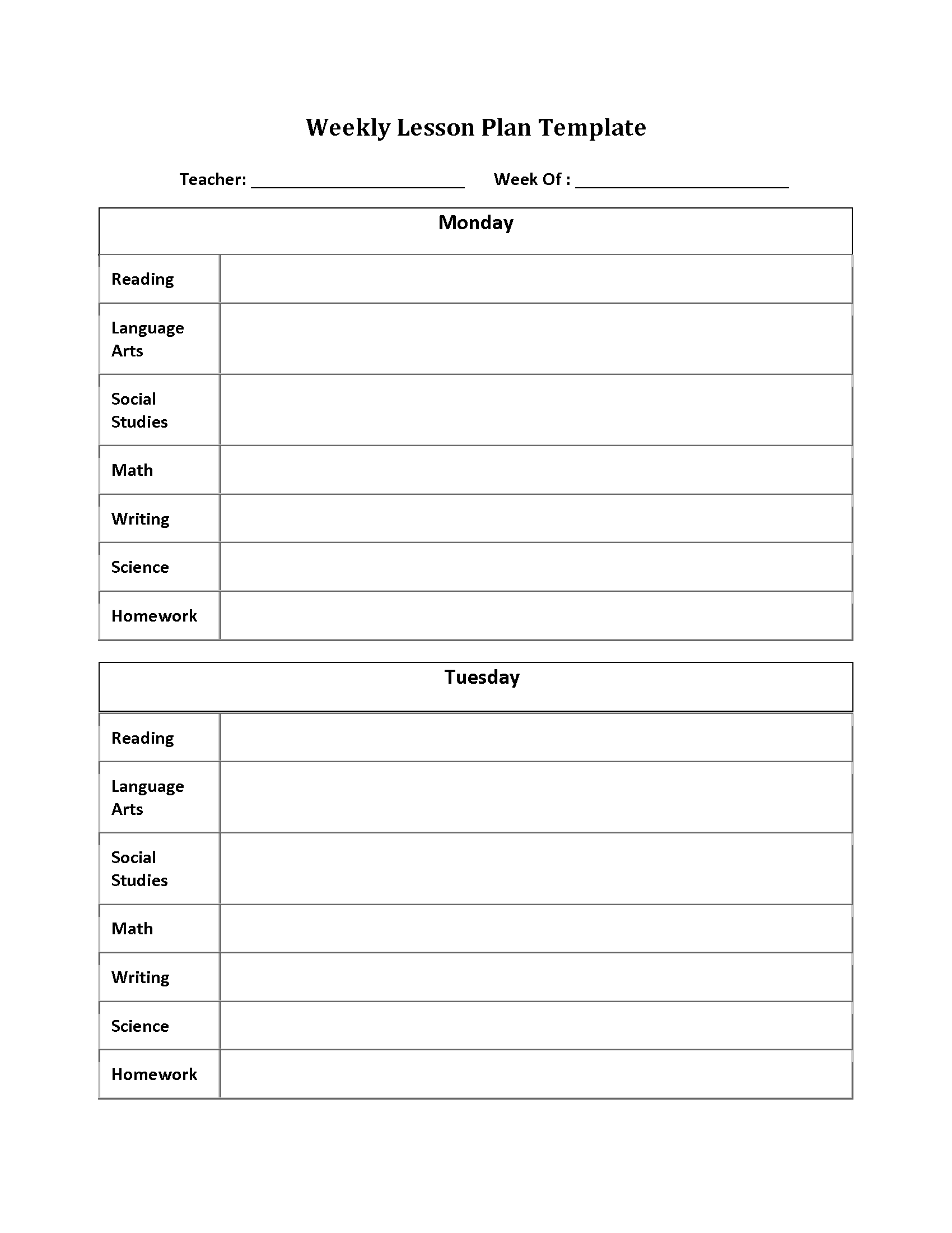 Multiple Subject Weekly Lesson Plan Template