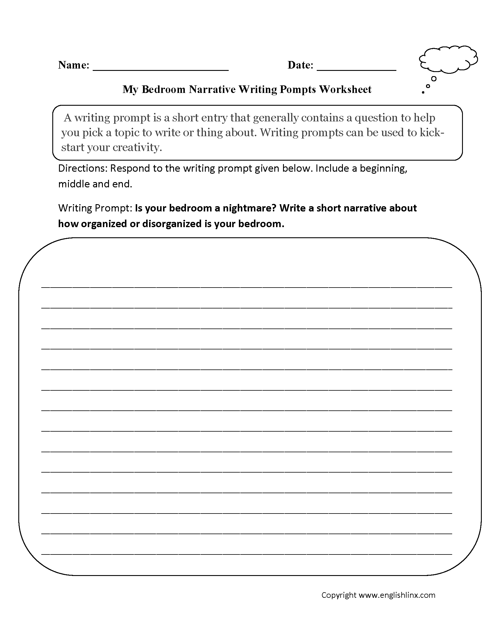 My Bedroom Narrative Writing Prompts Worksheets