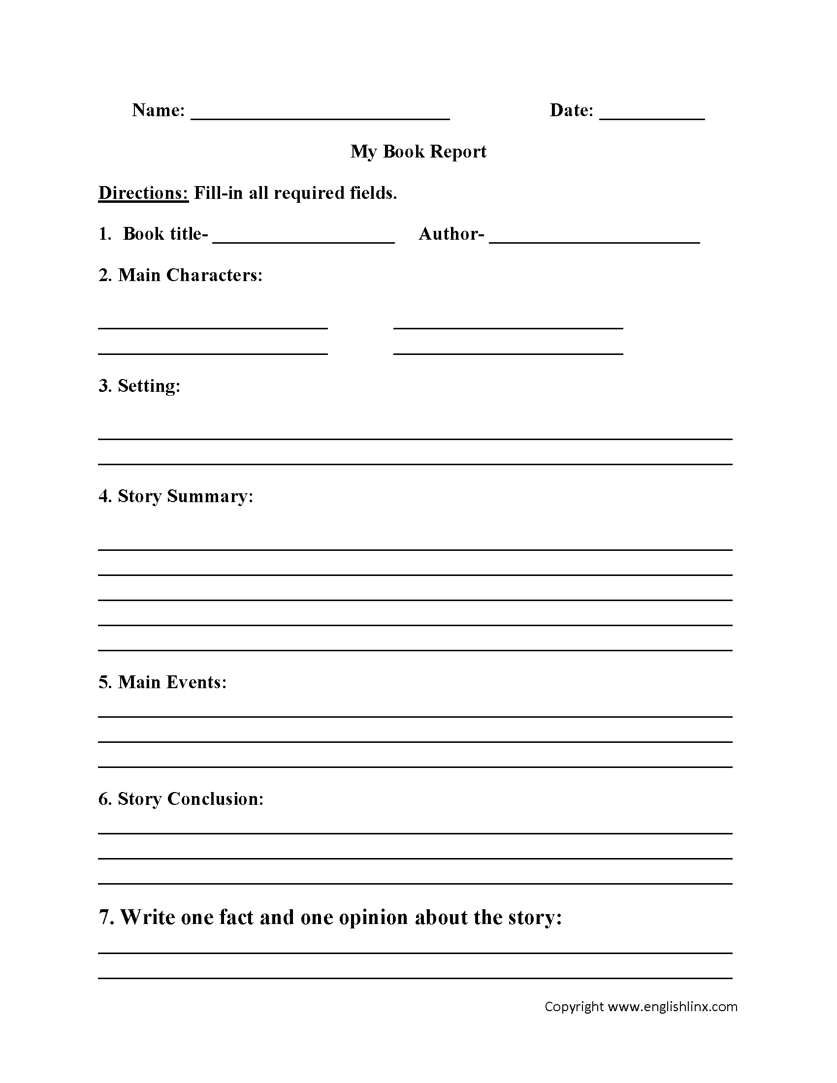 Free 4th grade book report forms