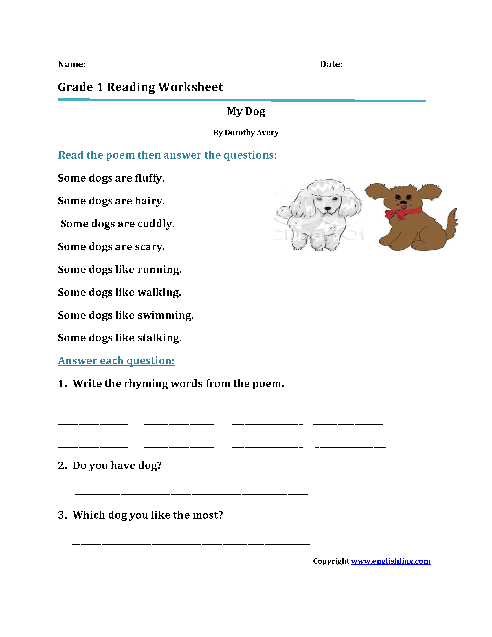 My Dog First Grade Reading Worksheets