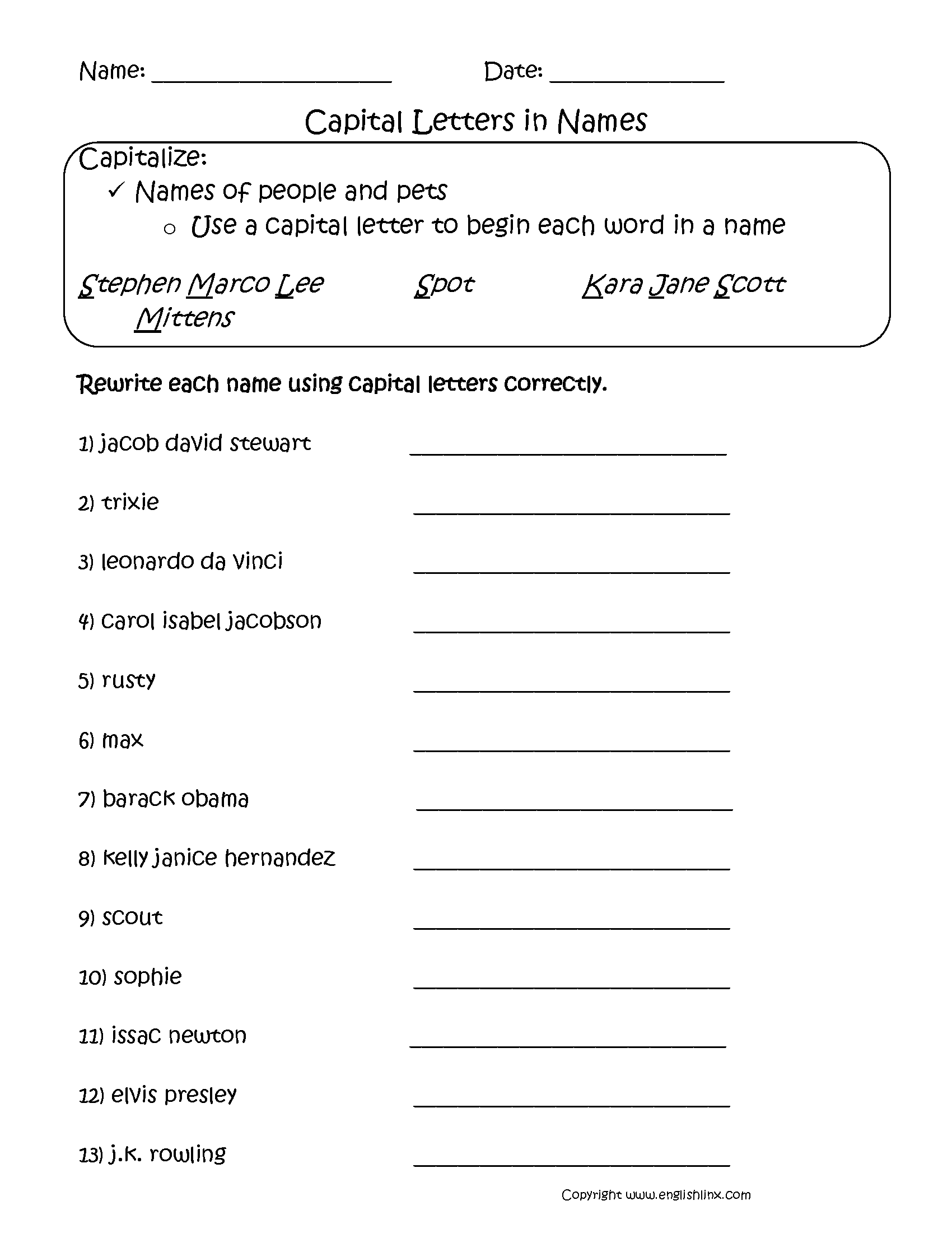 Names Capitalization Worksheets