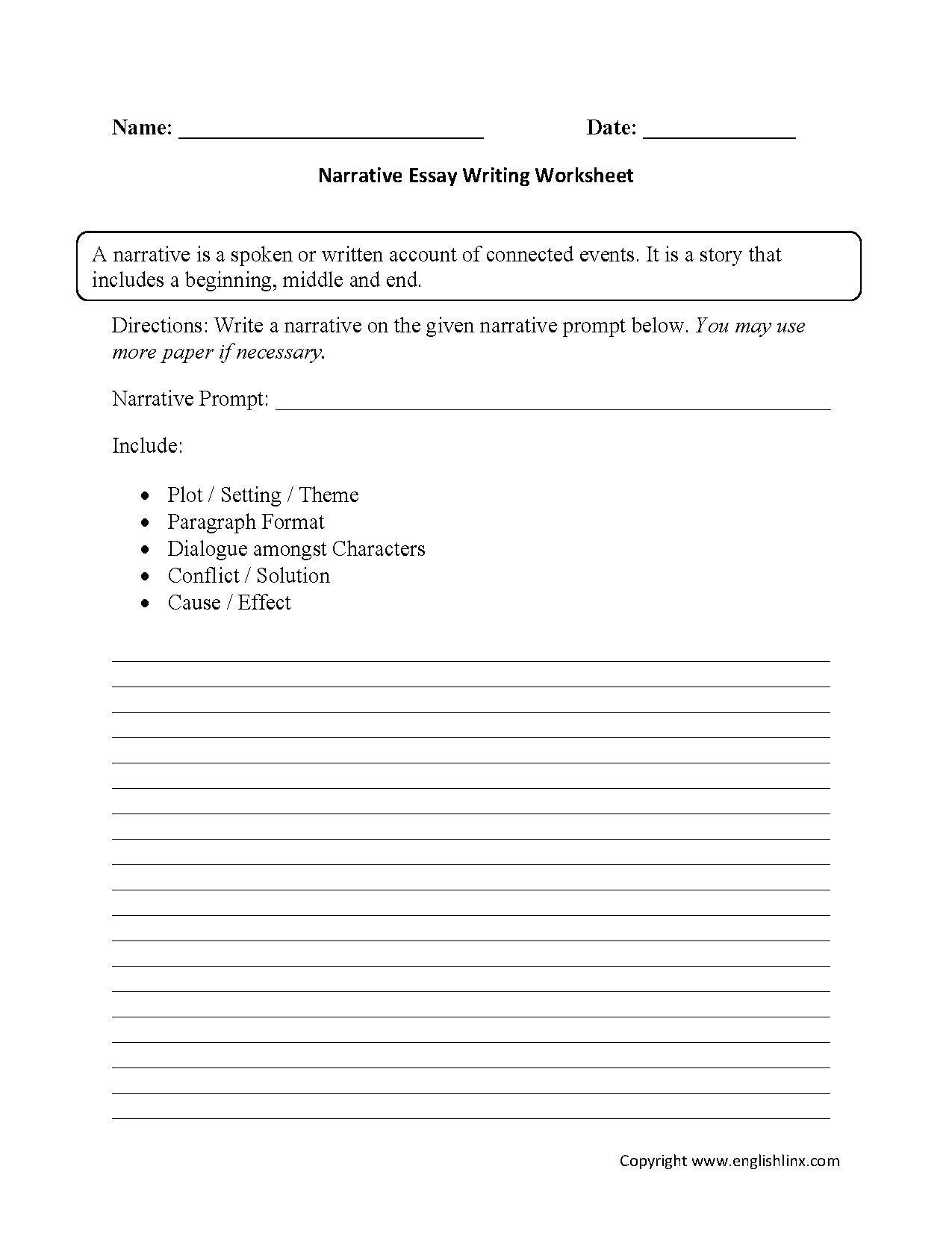 Narrative Essay Writing Worksheets