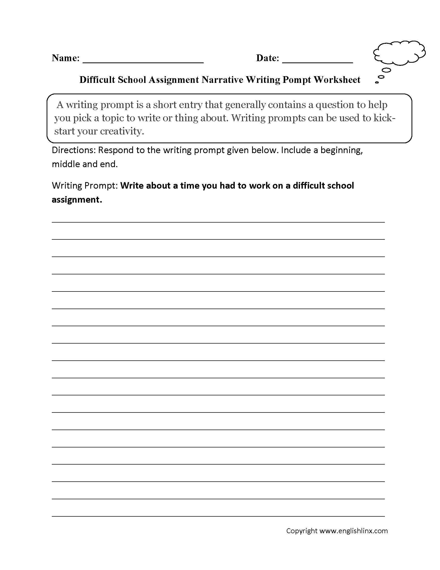 Difficult Assignment Narrative Writing Prompts Worksheet