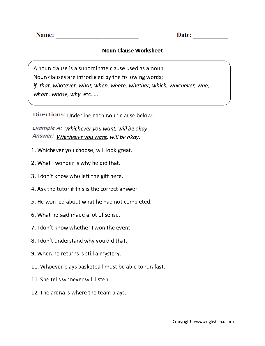 Worksheet Noun Clause Examples With Answers Noun Clauses Worksheets The Answer Noun Clause