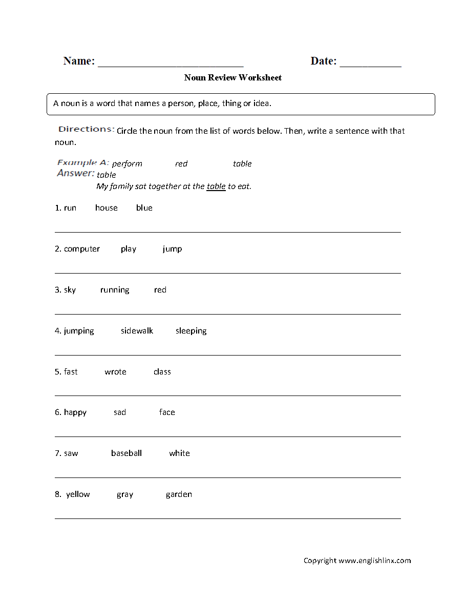Parts Speech Worksheets Noun Worksheets