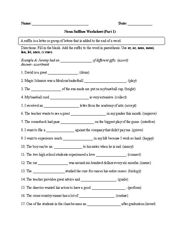 Suffixes in Nouns Worksheet