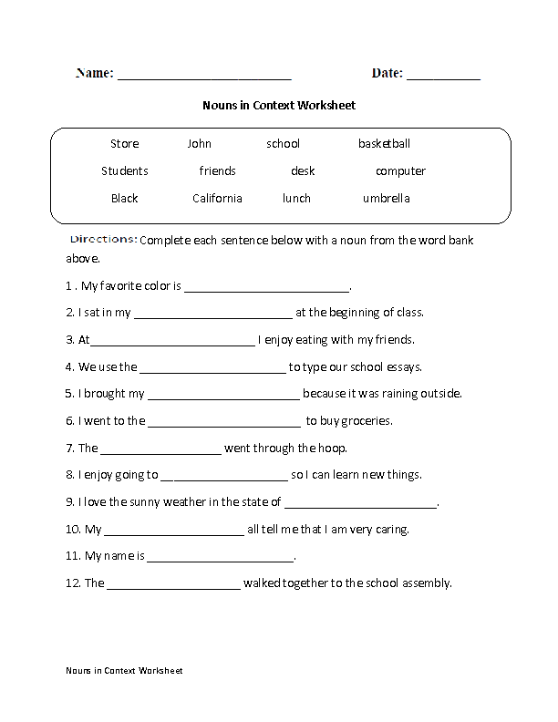 Nouns in Context Worksheet