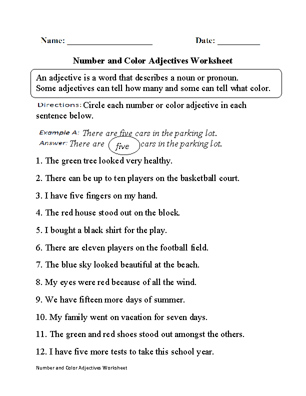 Number and Color Adjectives Worksheet