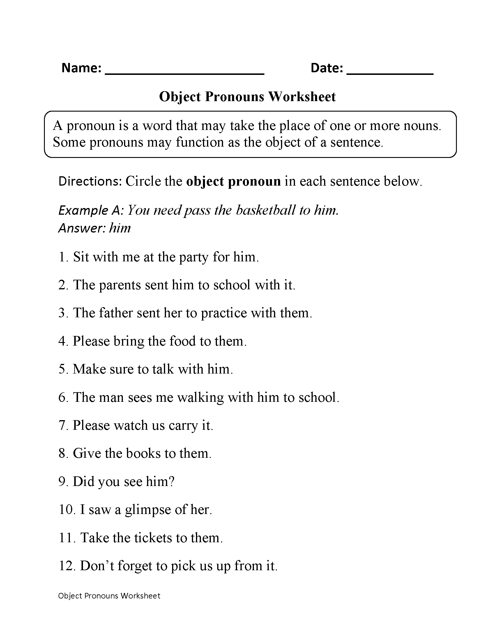 Subject and Object Pronouns Worksheets | Object Pronouns Worksheet