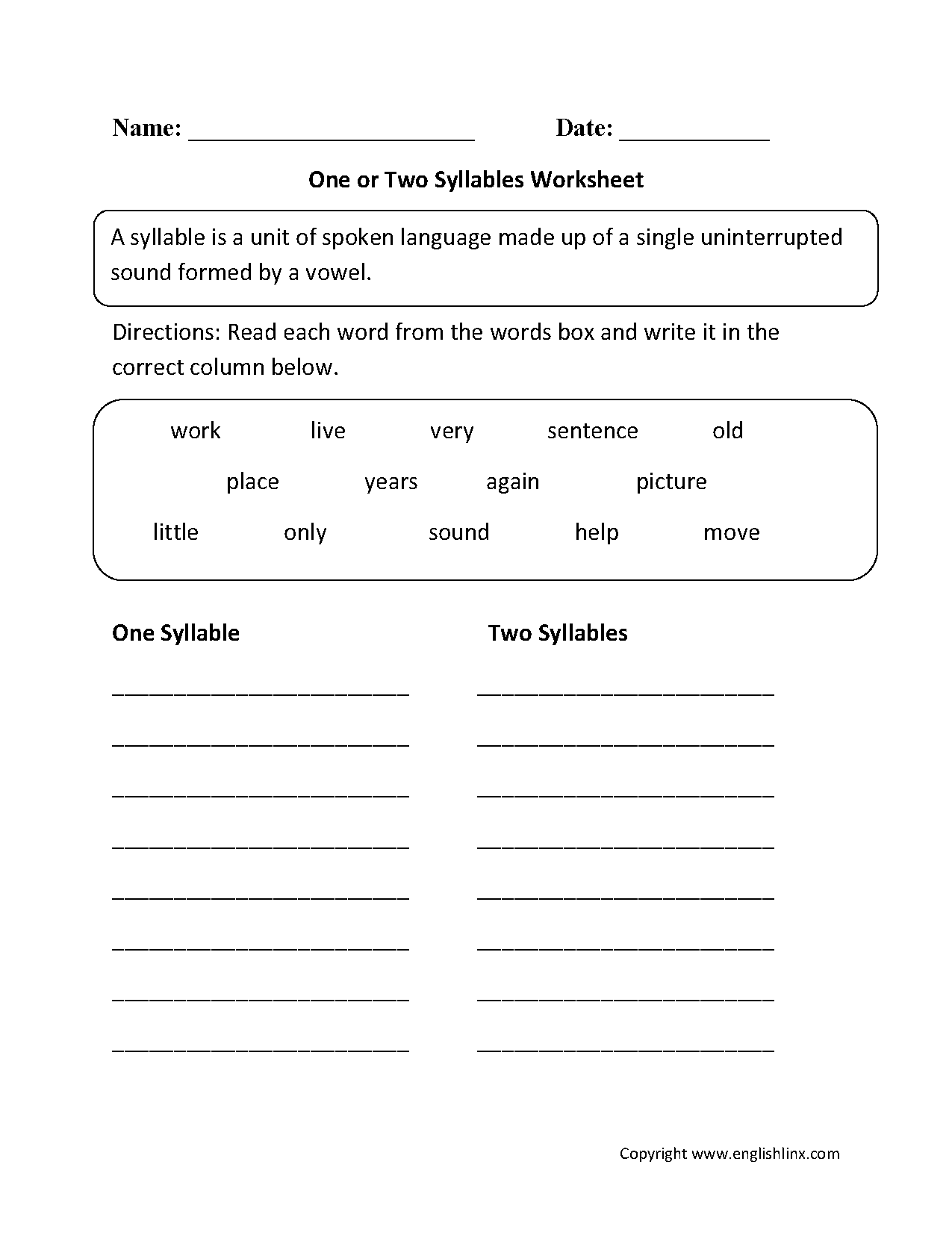 Englishlinx.com | Syllables Worksheets