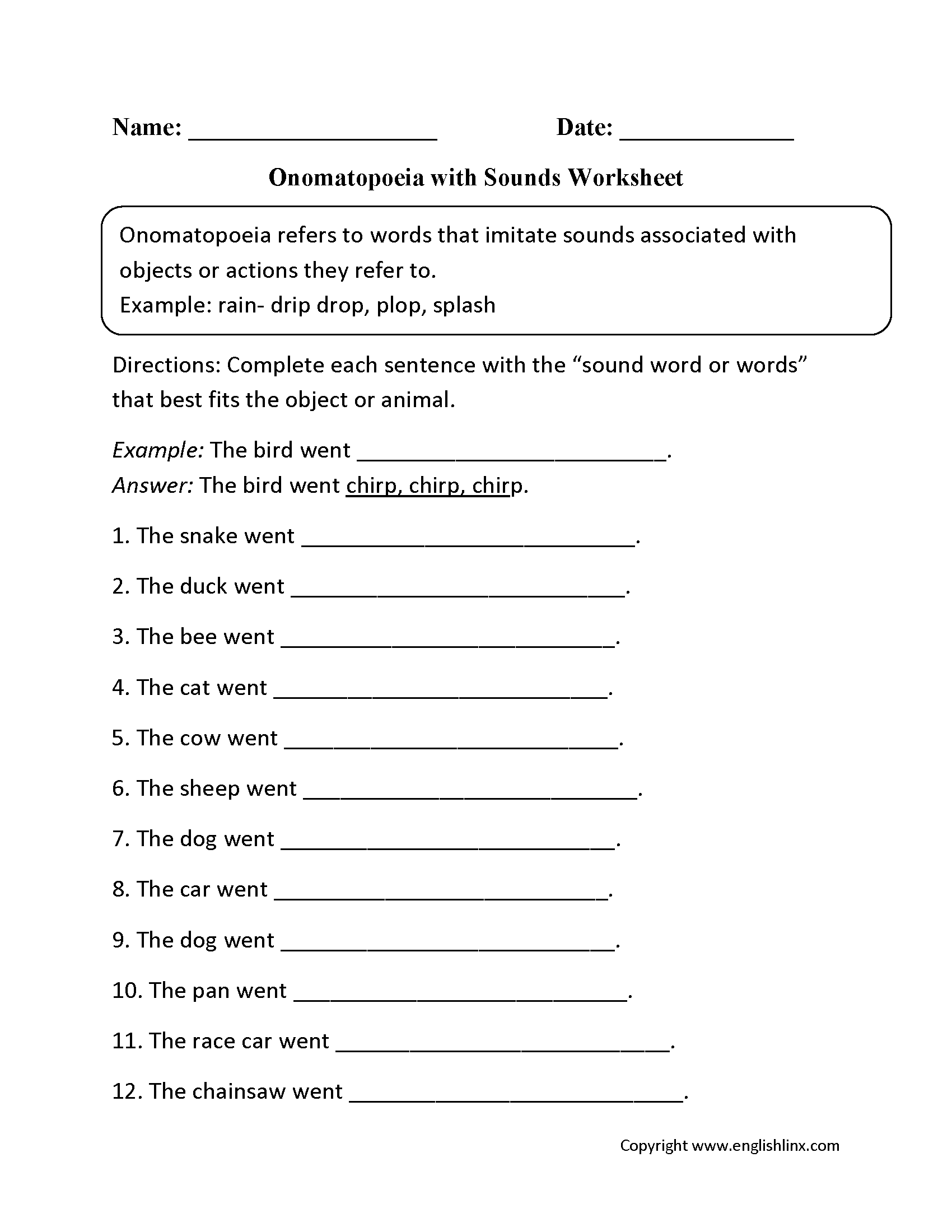 Onomatopoeia with Sounds Worksheets