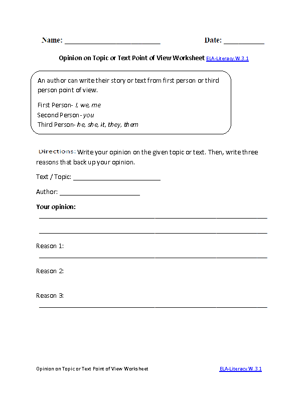 Opinion on Topic or Text Worksheet ELA-Literacy.W.3.1 Writing Worksheet
