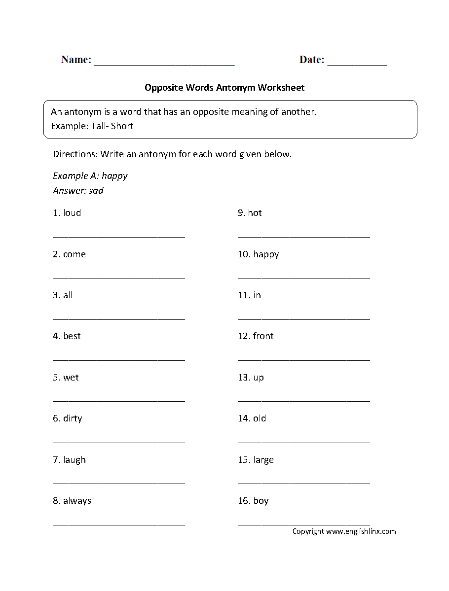 Opposite Words Antonym Worksheet