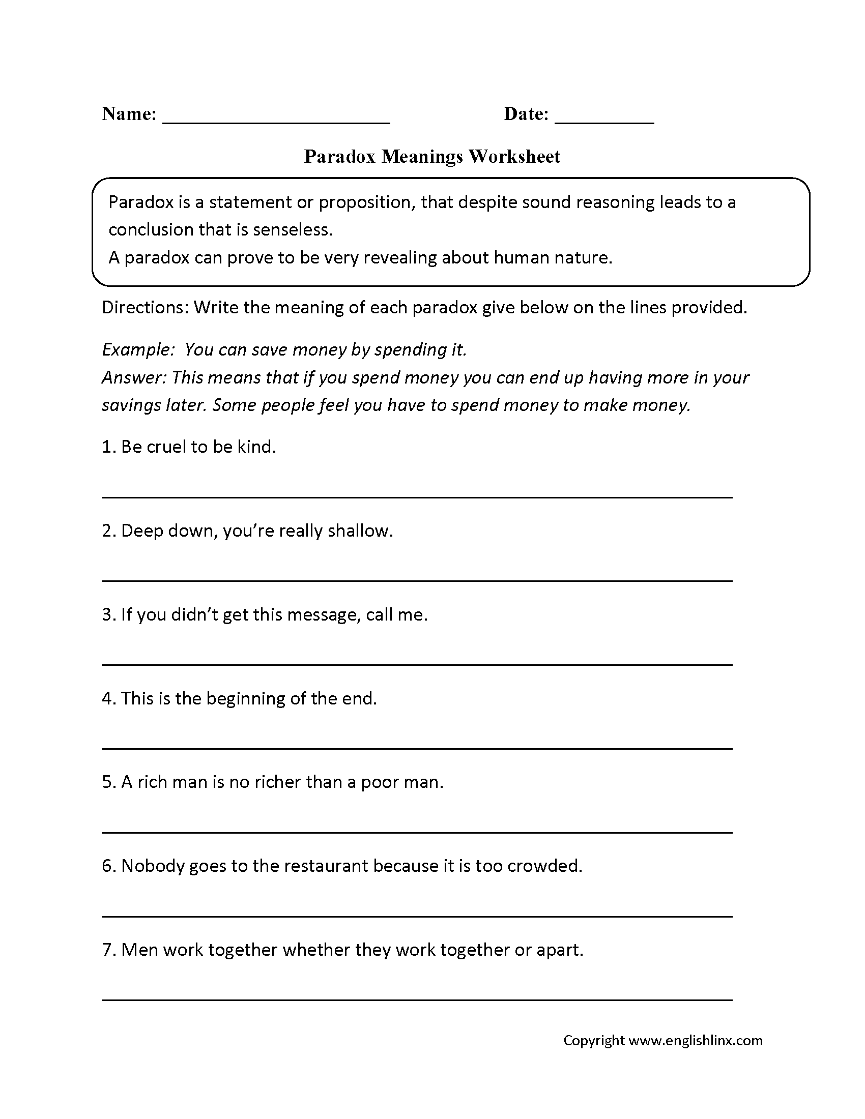 Paradox Meaning Worksheets