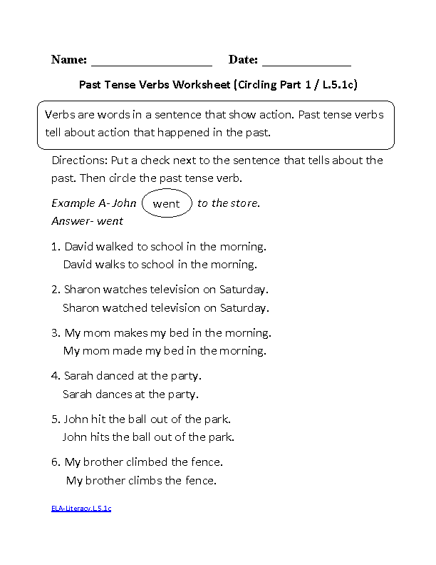 Past Tense Verbs ELA-Literacy.L.5.1c Language Worksheet