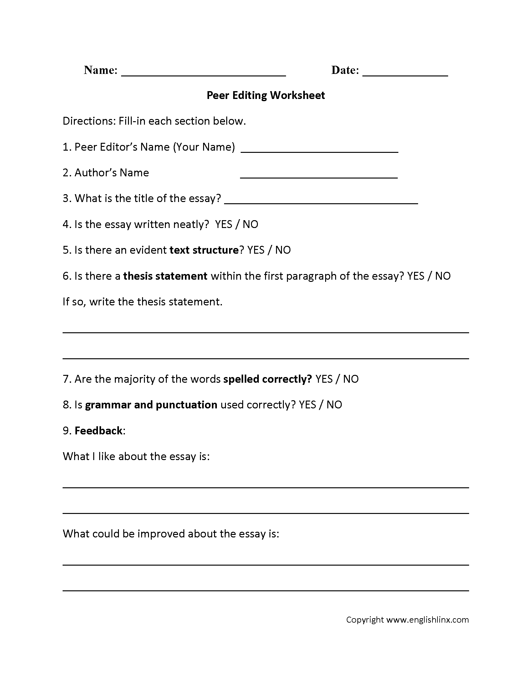 Peer Editing Worksheet