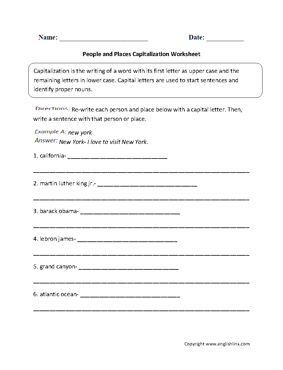 People and Places Capitalization Worksheets