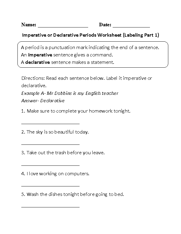 Declarative Sentences Worksheets