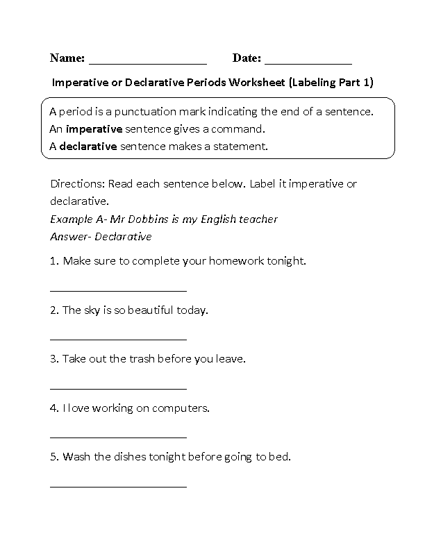 Imperative or Declarative Periods Worksheet